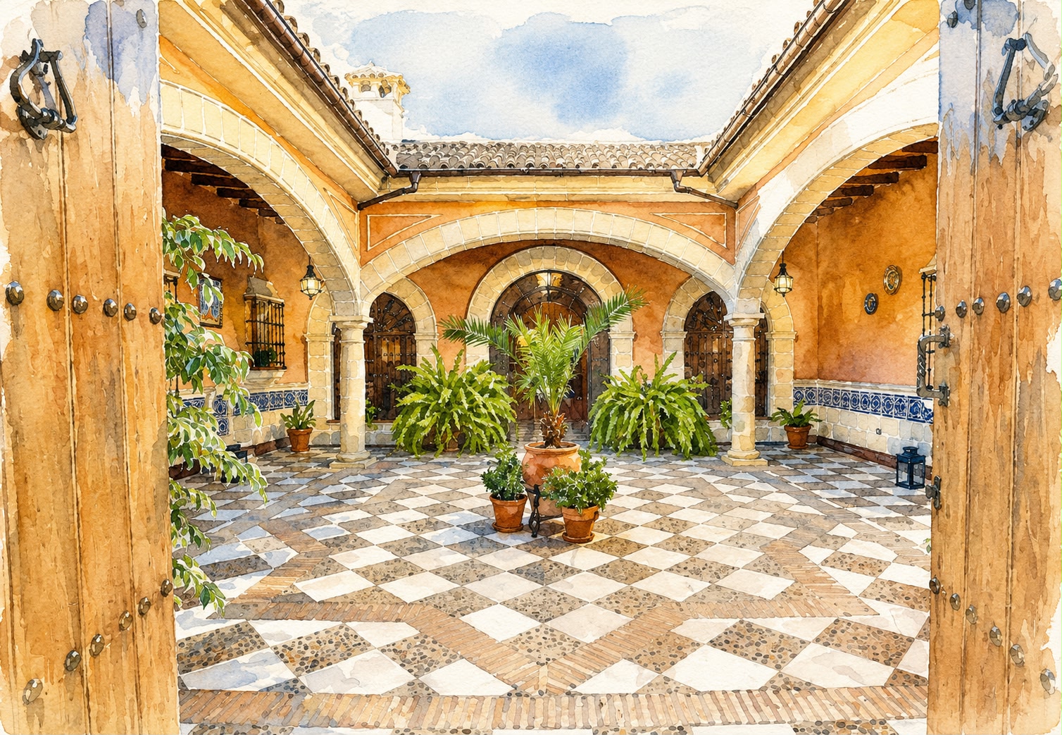 Patio andaluz de la hacienda con arcos y suelo de albero